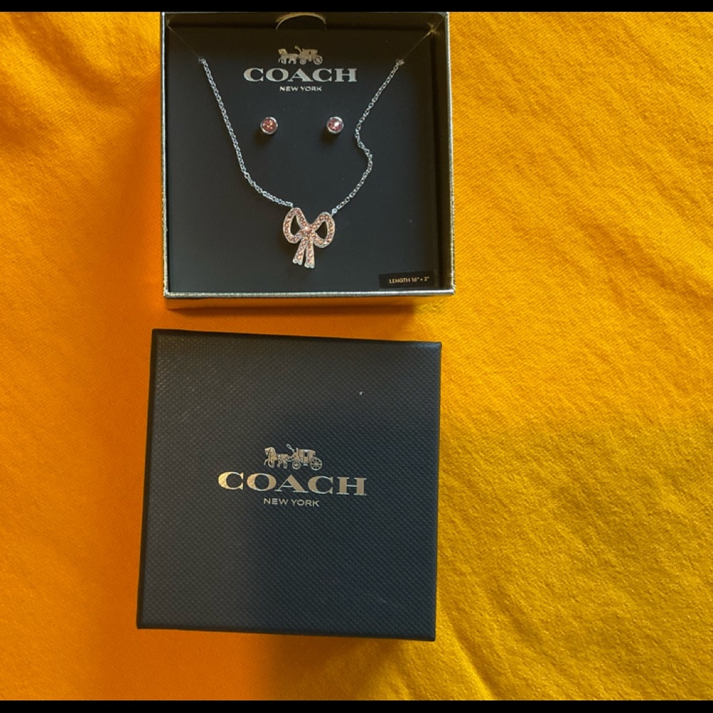 Coach Pink Bow Necklace with Earrings Set, NIB